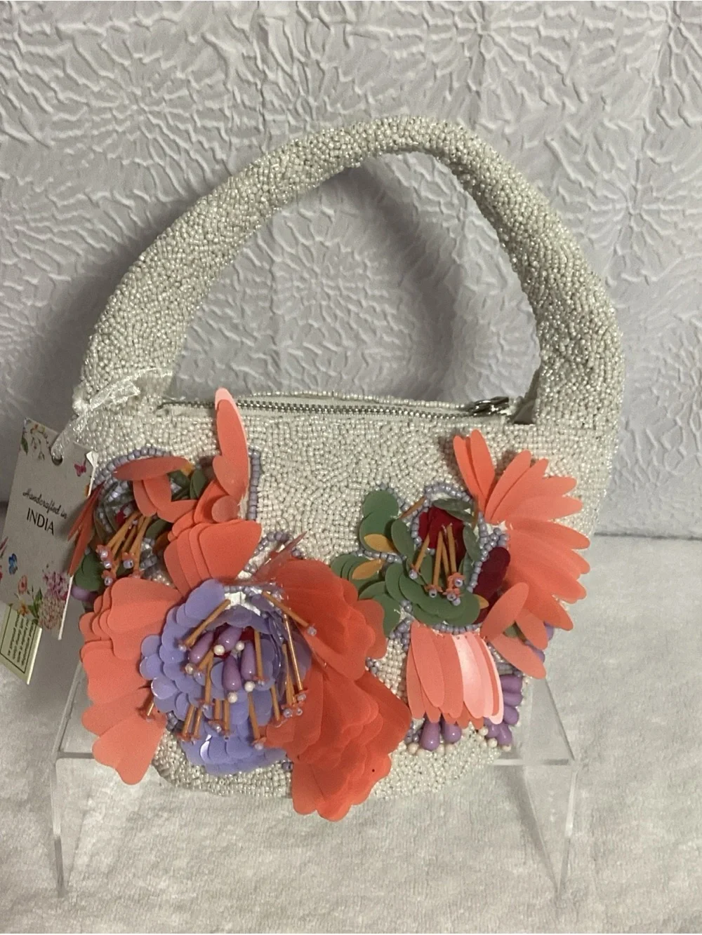 Viral Hand Crafted in India Cream Beaded Coral Floral Accented Satchel Bag NEW